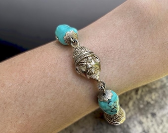 Vintage Chinese Revival Bracelet Asian Figural Heads Mask Turquoise Glass MCM 7”