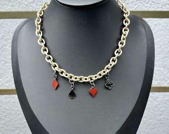 Vintage Playing Card Suits Charm Necklace Gold Tone Chain Casino Vegas Gambling