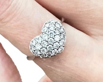 HEART Sterling Silver Puffy Pave Cute Dainty Clear CZ Ring Vintage 925 Size 7
