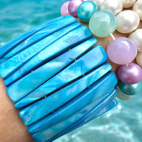 Mermaid Shell Bracelet Stack, Blue Pearl Boho Jew… - image 8
