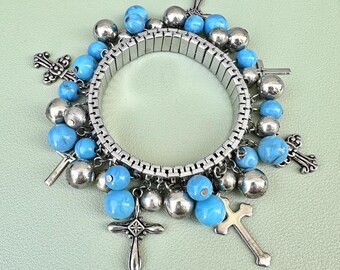 Cross Charm Bracelet Cha Cha Expansion Silver Tone Turquoise Goth Western Gothic