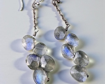 Labradorite Waterfall Earrings Sterling Silver 925 Cluster Cascade Blue Fire Gem