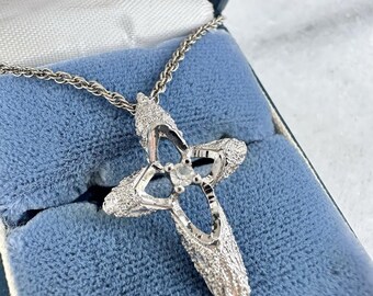 Brutalist Cross Necklace Gothic Sterling Silver Pendant CZ 925 Sculptural MCM