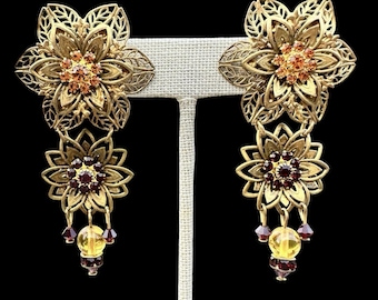 Vintage Filigree Floral Earrings Amber Glass Haskell Style Hollywood Regency