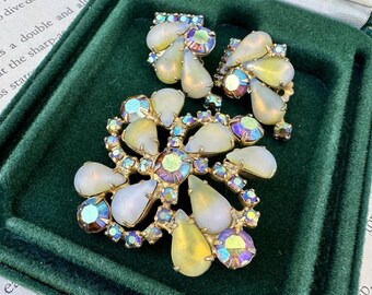Vintage Opaline Brooch Earrings Set Juliana Kramer Style AB Rhinestone Glass