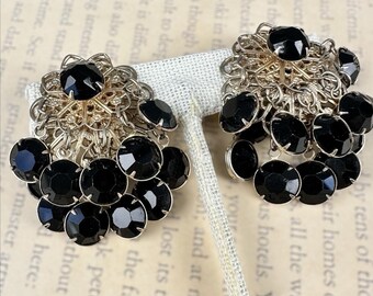 Vintage Black Glass Chandelier Clip Earrings Gold Tone Cocktail Cha Cha MCM