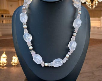 STONE Clear Ice Quartz Gemstone Pearl Beaded Sterling 925 Necklace Vintage 19"