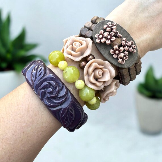 BOHO ROSES Bracelet Stack Green Purple Stone Resin Carved Wood