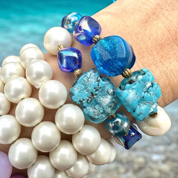 Mermaid Shell Bracelet Stack, Blue Pearl Boho Jew… - image 6