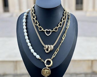 GOLD TONE Chunky Roman Coin Paperclip Heart Chain Necklace Layer Layering Stack
