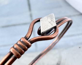 Modernist Copper Bangle Bracelet Sterling Silver Geometric Accent Minimalist