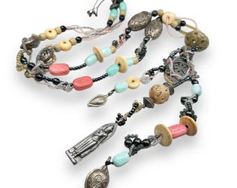 TIBETAN Prayer Bead Boho Glow Glass Stone Statement Long Tassel Necklace Vintage