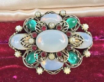 Vintage Emmons Brooch Opalite Cluster Cab Gold Tone Faux Pearl Rhinestone