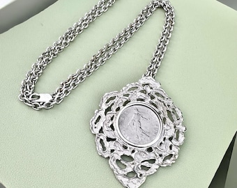 Brutalist Coin Necklace Silver Tone French Vintage Pendant Large Franc Statement