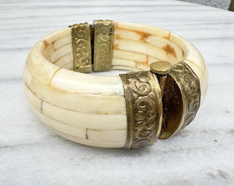 Vintage Bone Inlay Bangle Brass Hinge Bracelet Boho Statement Chunky Ethnic