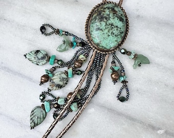 Fringe Bolo Tie Maximalist Turquoise Jasper Southwest Copper Statement Western