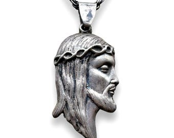 Sterling Silver Jesus Pendant Necklace Chain 925 Crown of Thorns Vintage 25.5g