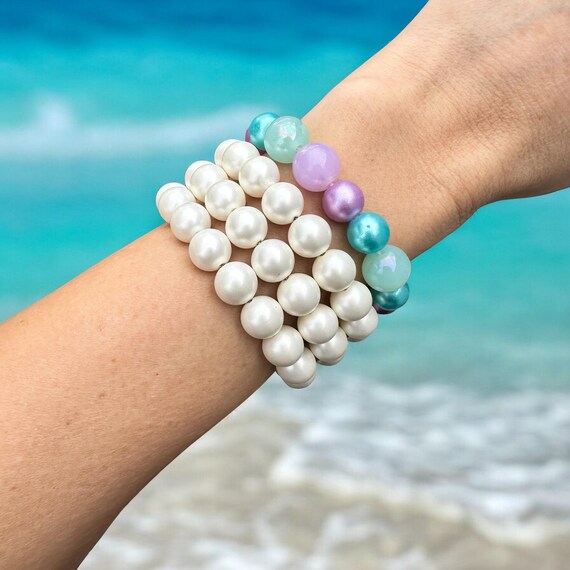 Mermaid Shell Bracelet Stack, Blue Pearl Boho Jew… - image 4