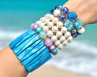 Mermaid Shell Bracelet Stack, Blue Pearl Boho Jewelry