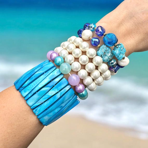 Mermaid Shell Bracelet Stack, Blue Pearl Boho Jew… - image 1