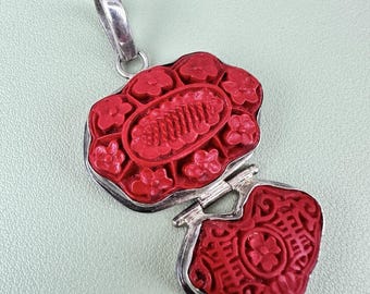 Carved Cinnabar Resin Pendant Sterling Silver 925 Red Chinese Export Style