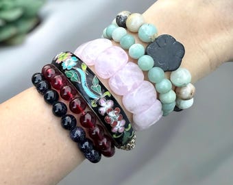 Vintage Cloisonné Dragon Bangle Stack, Rose Quartz Bracelet