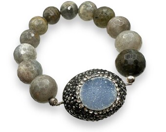 LABRADORITE Sterling Silver Druzy Blue Gray Stretch Bracelet 925 Vintage Signed