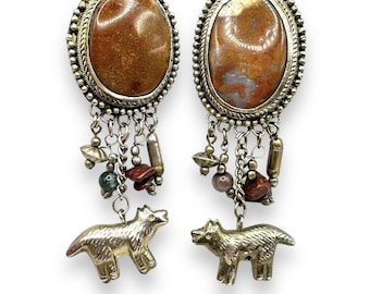 Wolf Southwest Orange Jasper Agate Huge Dangle Statement Silver Clip Earrings