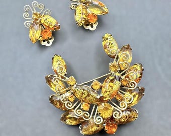Cluster Brooch & Earring Set Juliana Style Topaz Foiled Glass Rhinestone Bug Vtg