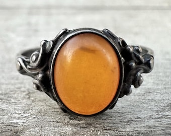 Art Nouveau Sterling Silver Amber Cabochon Ring 925 Antique English Marks Sz 7.5