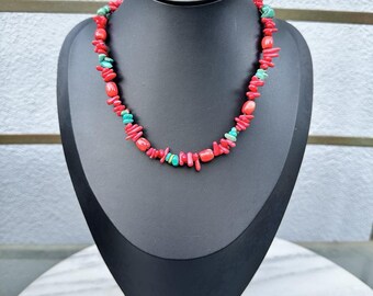 Turquoise Coral Necklace Southwest Style Strand Sterling 925 Clasp 16.5”