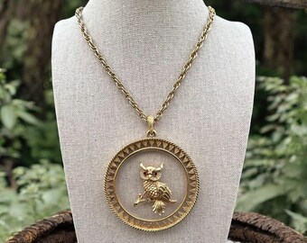 Vintage Horned Owl Necklace Floating Pendant Gold Tone Dark Academia Witchy