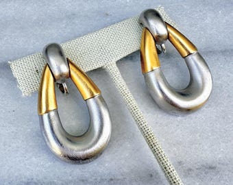 Crown Trifari Clip-on Earrings Gold Silver 2 Tone Matte Modernist Knocker Hoop