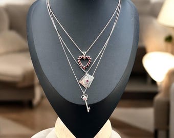 Sterling Silver Necklace Layer: Garnet Heart, Diary, Ruby Key Pendants