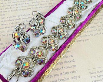 AB Rhinestone Leaf Bracelet Earrings Set: Mid-Century Aurora Borealis Demi Parure