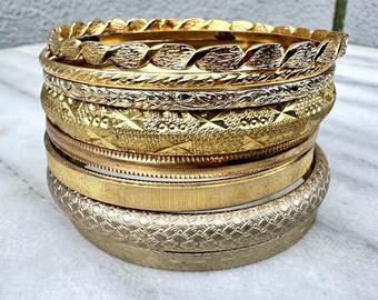 Vintage Gold Tone Bangle Bracelet Stack Textured Jewelry Lot Etched Midcentury