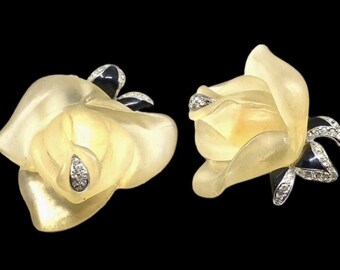 KJL Lucite Clip-on Earrings Kenneth Jay Lane Rose Clips Glow Flowers Vintage