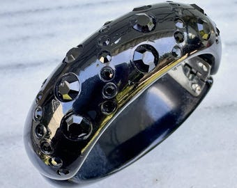 Vintage Black Lucite Bracelet Rhinestone Hinged Clamper Midcentury 1950s 60s