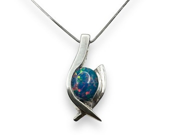 BLUE OPAL Sterling Silver Abstract Necklace Modernist Chain Gemstone 925 Vintage