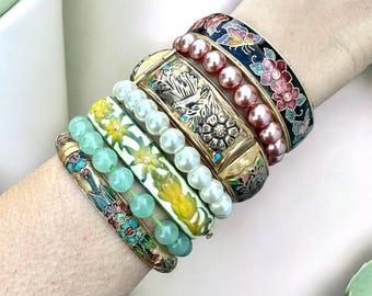 Vintage Cloisonné Bangle Bracelet Stack, Floral Enamel & Faux Pearl