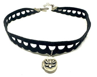 LOTUS Sterling Silver Black Suede Yoga Boho Zen CHOKER Necklace 925 Signed JILL