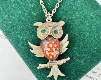Vintage 1970s Owl Pendant Necklace Gold Tone Glazed Ceramic Orange Brown 24”