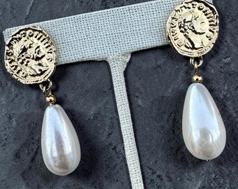 Vintage Coin Earrings Faux Pearl Gold Tone Post Roman Style Dangle 80s Runway