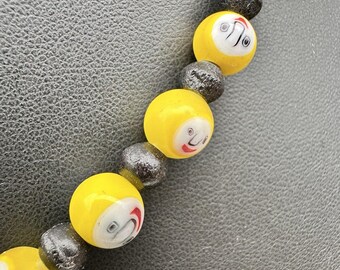 Vintage Glass Face Bead Necklace Yellow Black Art Pendant Faces Venetian Style