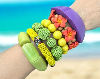 Vintage Hawaiian Bracelet Stack, Colorful Flower Power Statement Jewelry
