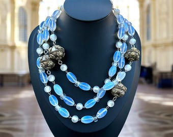 Vintage Opaline Glass Moon Glow Opera Necklace 56” Layering Statement Opalite