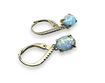 OPAL Sterling Silver Dangle Drop Earrings Oval White Gemstone 925 Vintage