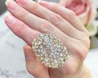 Clear Lucite Dome Ring Rhinestone Crystal Chunky Statement Vintage Size 7