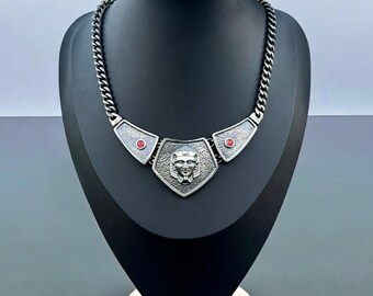 Vintage Egyptian Revival Necklace Pharaoh Face Silver Tone Red Rhinestone Bib