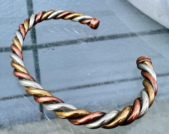 Copper Twist Cuff Bracelet Southwest Silver Brass Vintage Mixed Metal Rope Mens